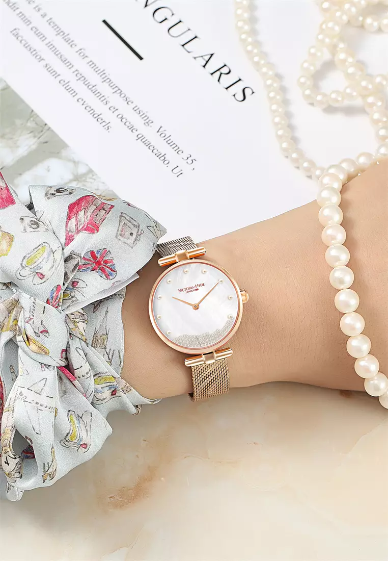 Pearl 30mm 女士手表 天然珍珠手表 玫瑰金不鏽鋼編織表帶 黃銅表殼-玫瑰金色