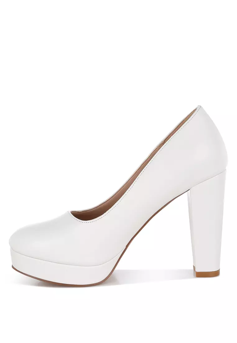 Faux Leather Block Heel Pumps In White