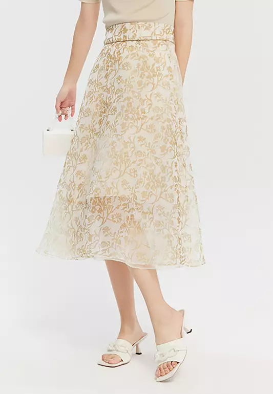 Smocked Floral Midi Skirt