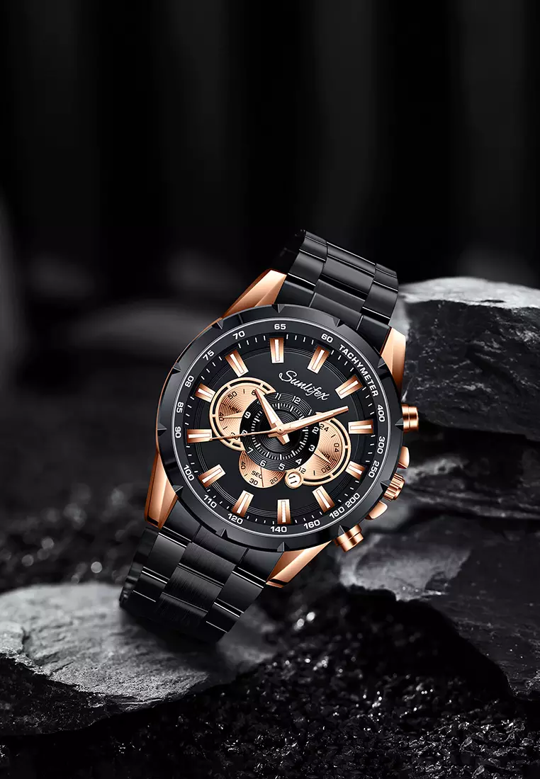 Jam Tangan Pria 3351 Kalender Kuarsa Jam Tangan Cowok Santai Tali Stainless Steel Original  blackgold