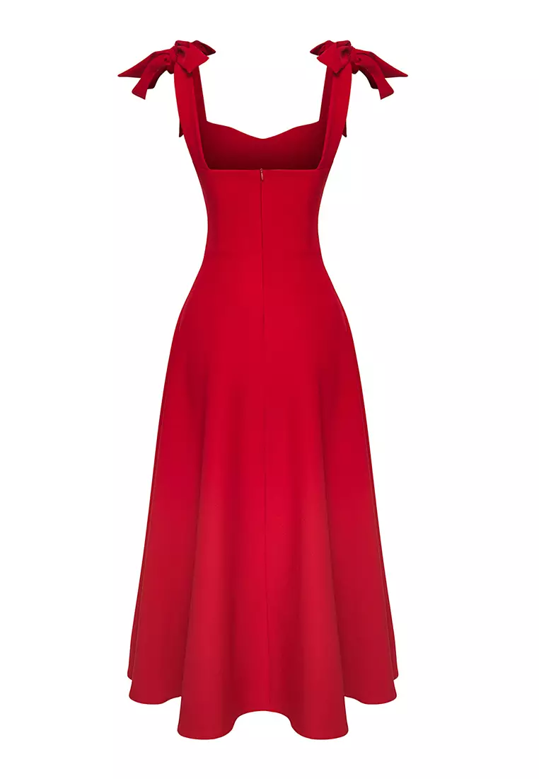 Red A-Line Strap Detailed Woven Midi Chic Evening Prom Dress TPRSS24EL00251
