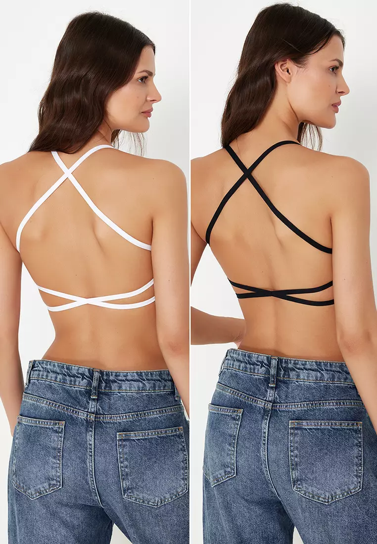 Black-White 2-Pack Seamless/Seamless Rope Strap Non-Wired Cupless Bralette Knitted Bra