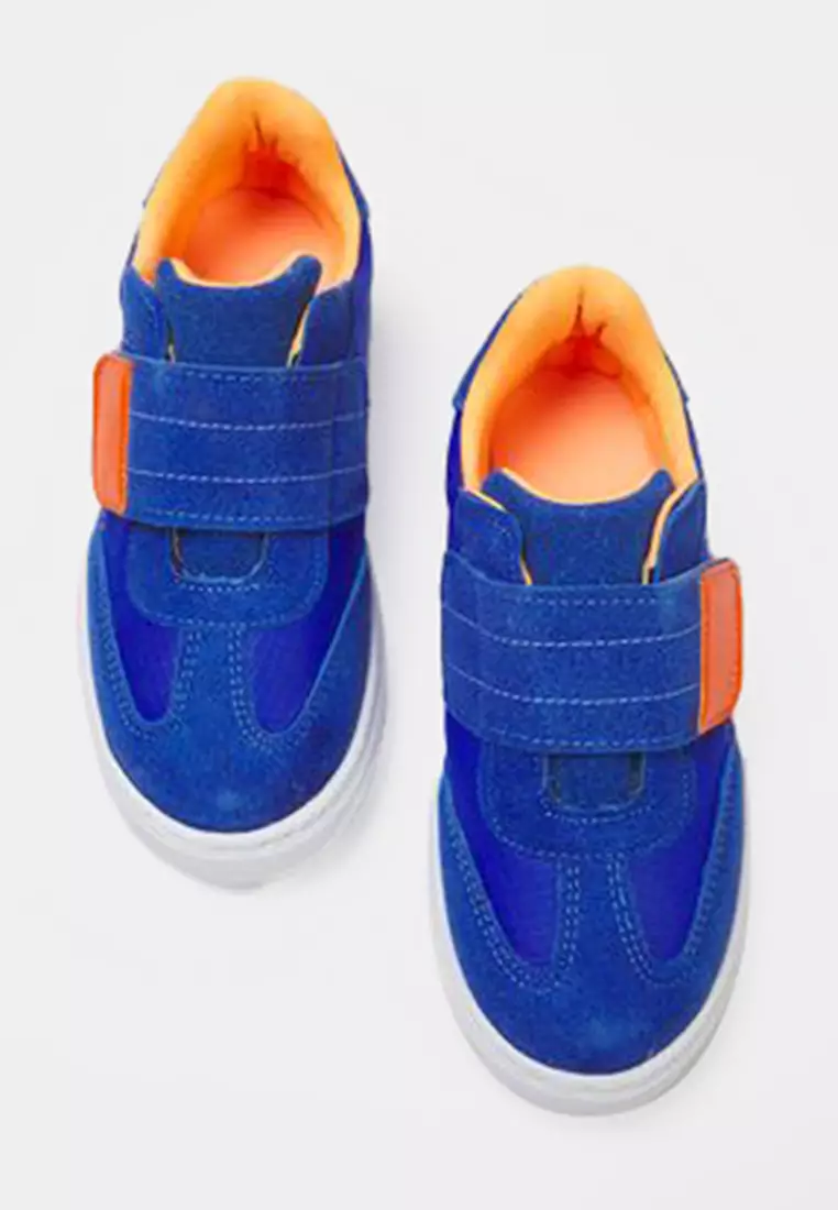 Blue Nubuck Blocked Velcro Tape Unisex Kids Sneaker Shoes Takss25Sn00050