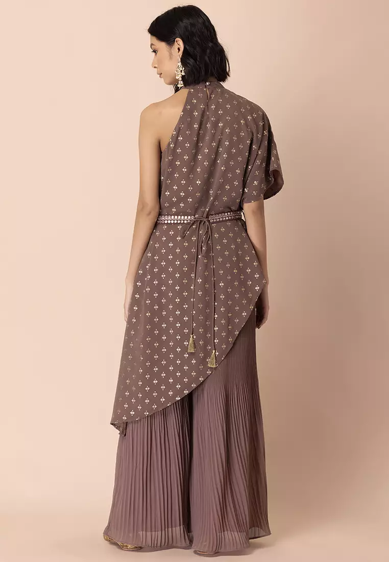 Dusty Pink Foil One Shoulder Belted High Low Kurta
