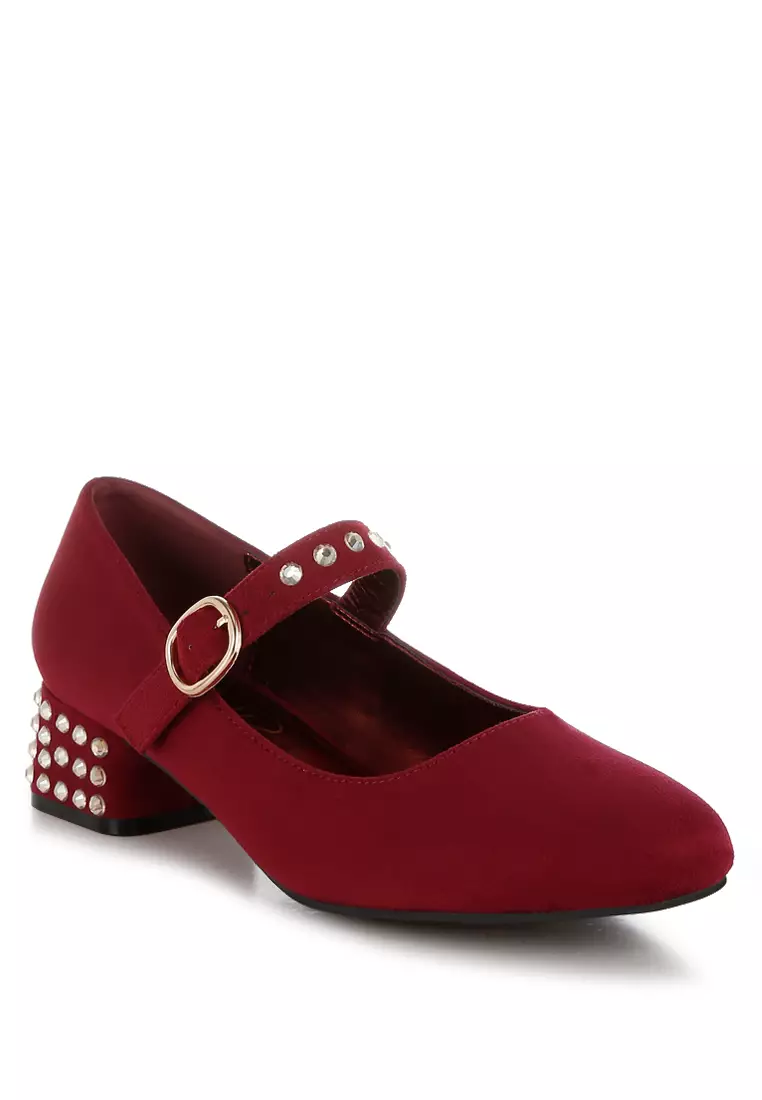 Studded Mary Jane Pumps In Burgundy