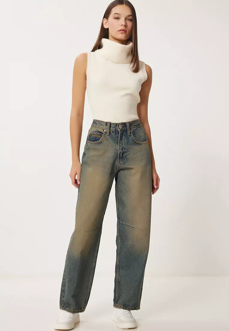 High Waist Faded Effect Baggy Jeans