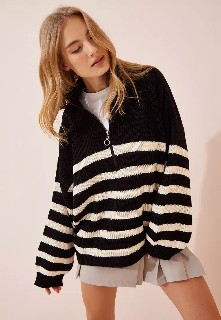Zipper Stand-Up Collar Striped Oversized Sweater