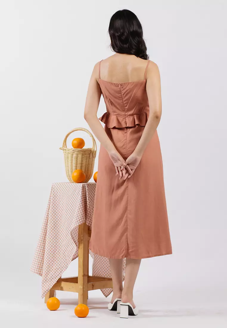 Ruffled Waist Slit Dress in Terracotta