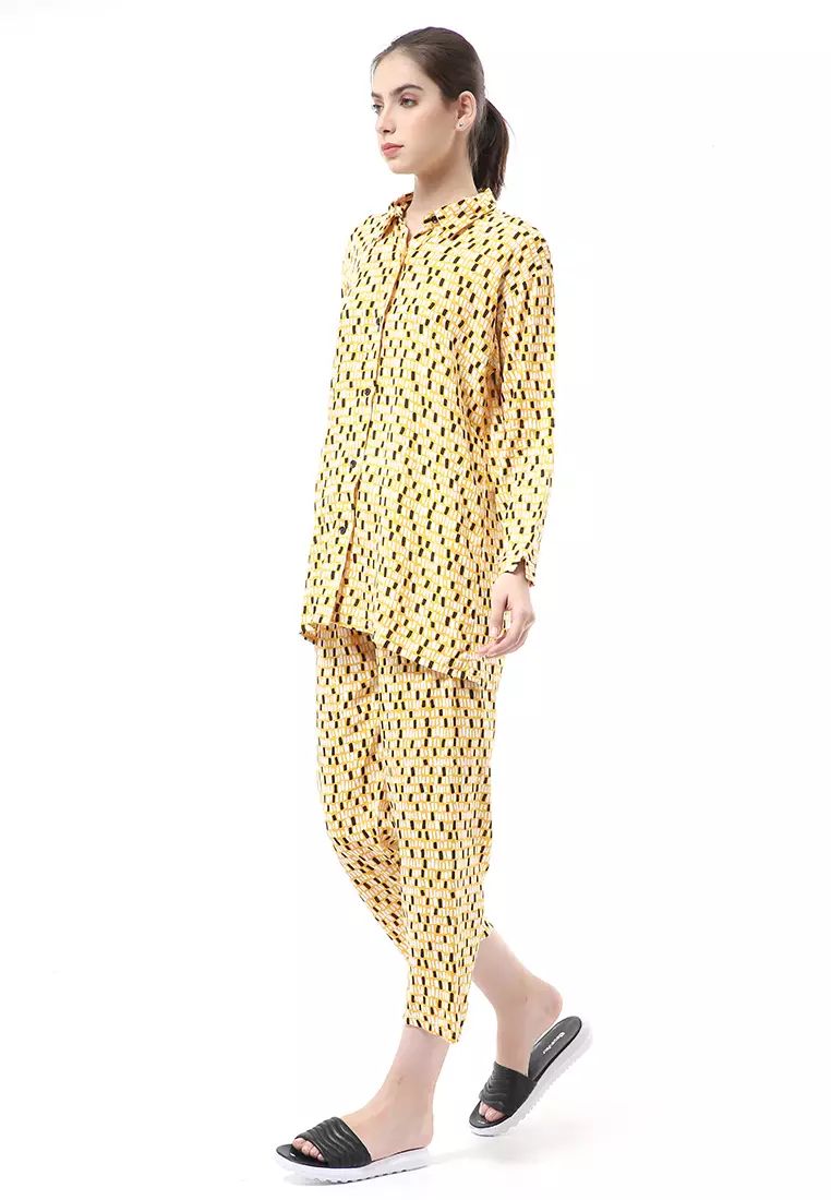 Nayra One Set Setelan Kemeja Wanita Lengan Panjang Printed Motive Full Kancing Material Rayon ORIGINAL - Yellow
