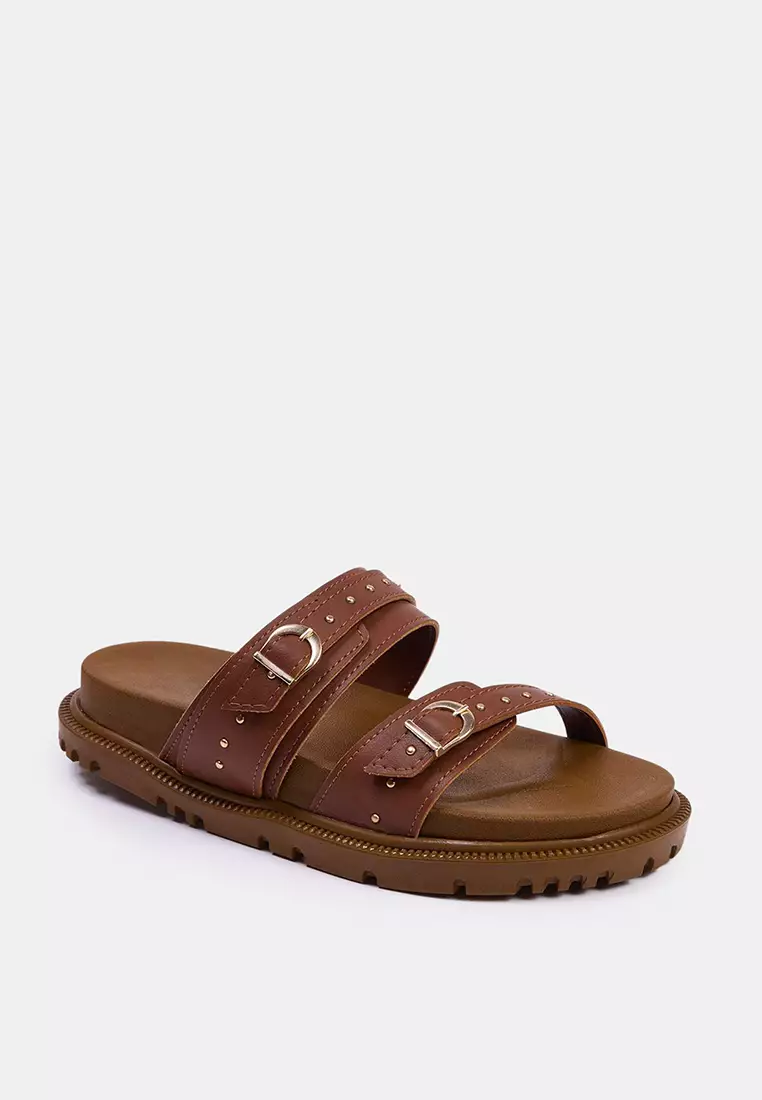 Taba Trok Embroidered Buckle Detailed Double Strap Women's Slippers Takss25Te00037