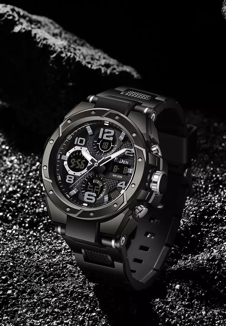 Jam Tangan Pria Anit Air Digital Analog Olahraga Bercahaya Multifungsi Tali Silikon Jam Tangan Cowok Original hitam