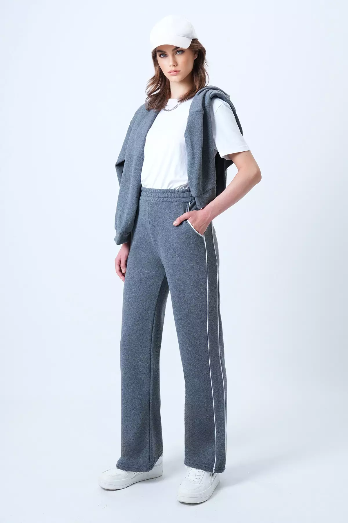 Women'S Anthracite Wide Leg Track Pants With Piping Detail And Elastic Waist Alc-X14611