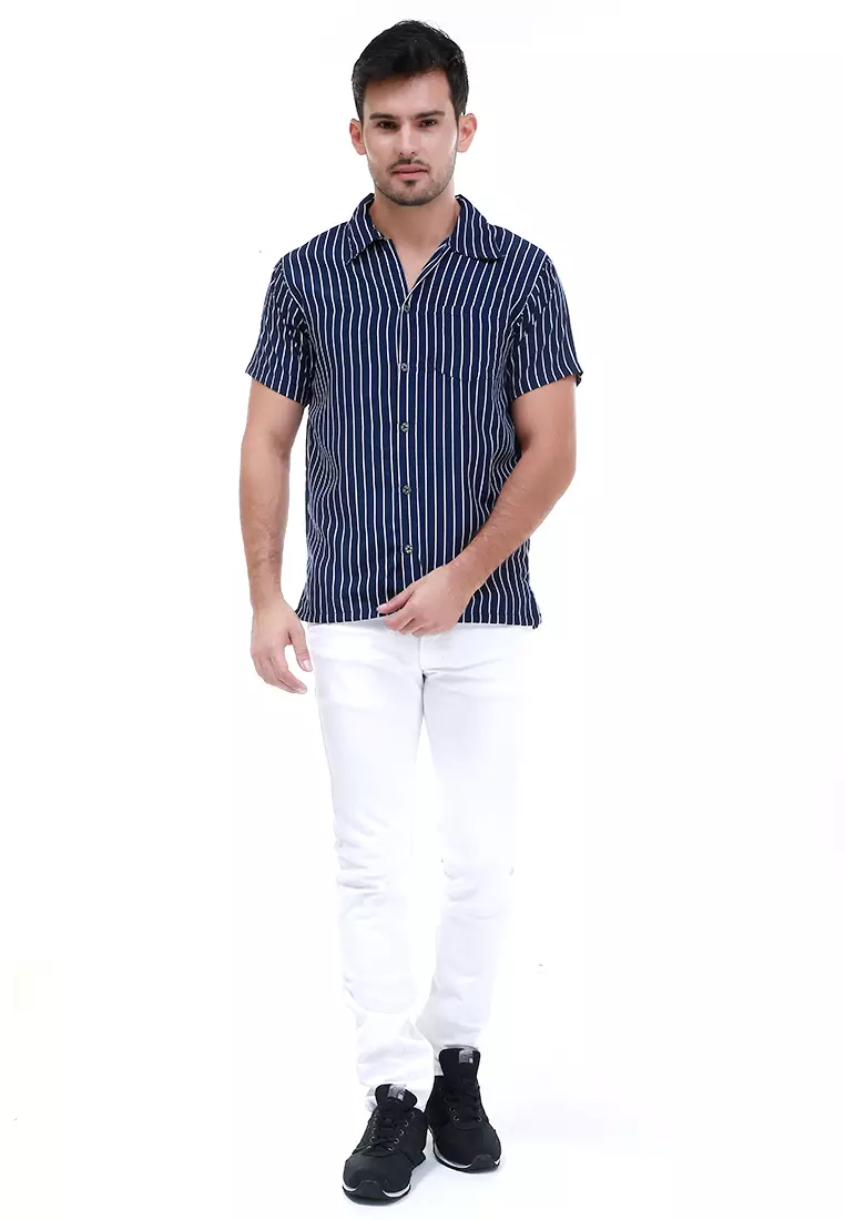 Dwan Atasan Kemeja Pria Vertical Lines Casual Shortsleeve Shirt Material Cotton ORIGINAL - Navy