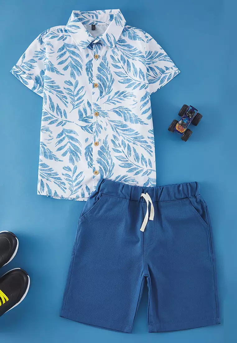 Boy's Blue Tropical Printed Cotton Shirt And Shorts Set - Tkdss25Au00035