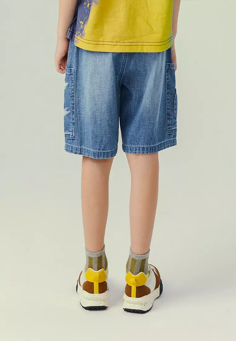 Denim Shorts With Letter Print And Side Pocket