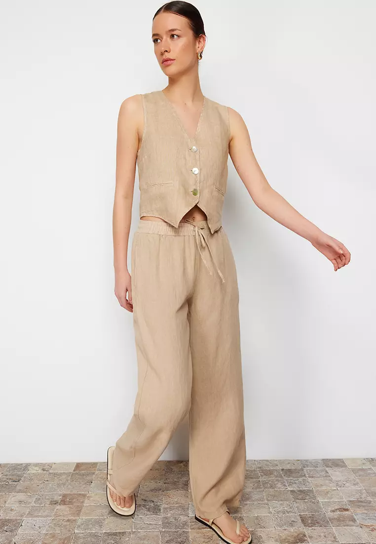 Elastic Waist High Waist Wide Leg Trousers