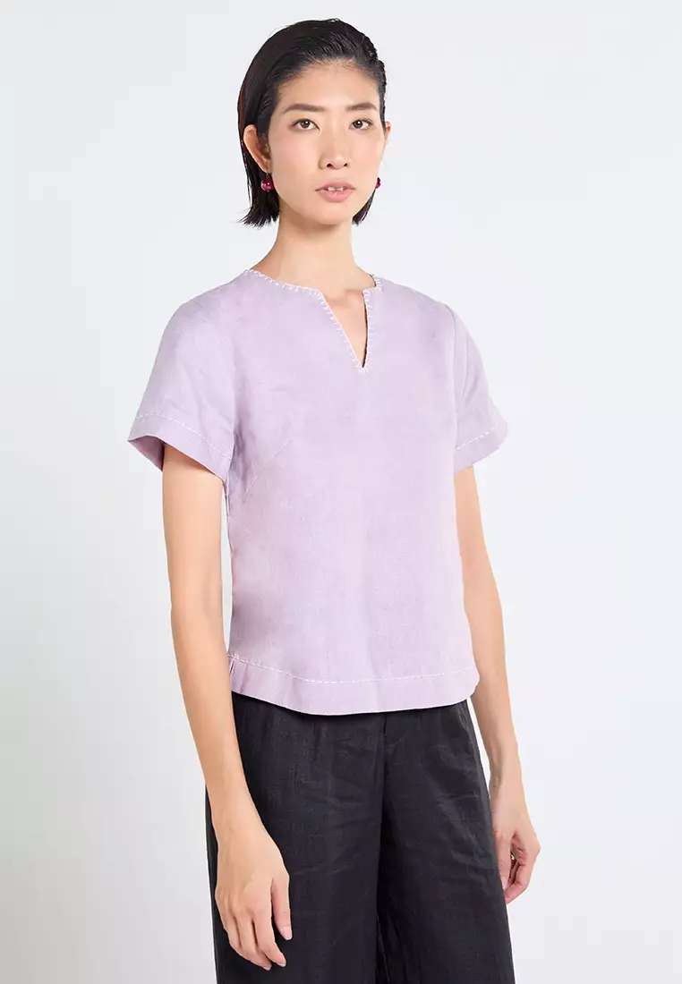 Short Sleeve V-Neck Linen Top