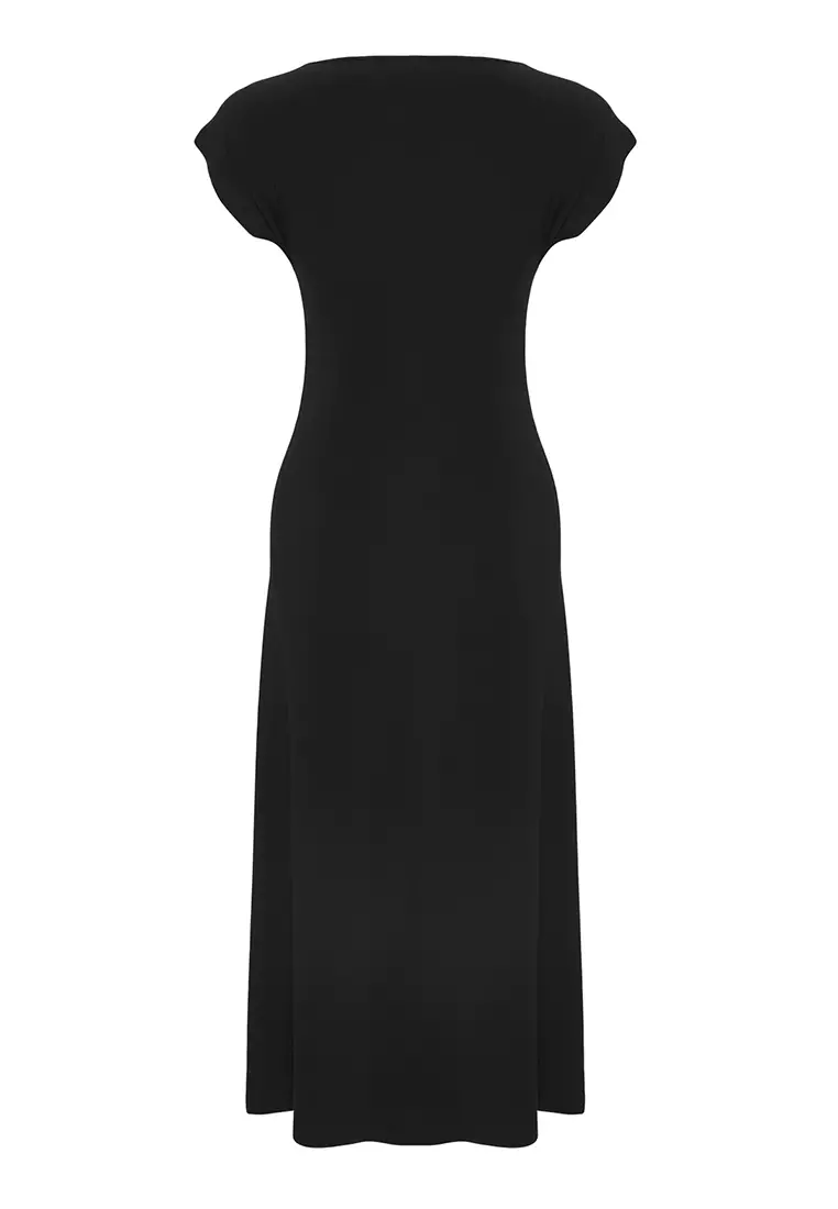 Black Moon Sleeve Gather/Drape Detail Stretchy Maxi Knitted Dress TWOSS25EL00666