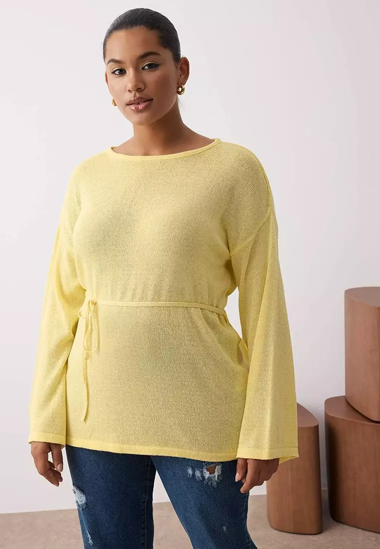 Yellow Boat Neck Waist Belted Slim Knitwear Sweater Tbbaw26An00036