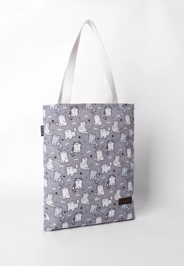 Pamole Tote Bag Wanita Bahan Kanvas Motif Penutup Resleting - Kucing Abu