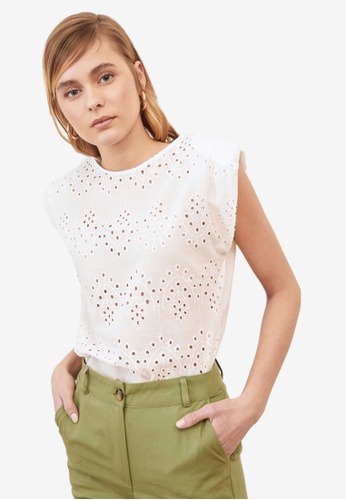 white eyelet sleeveless top