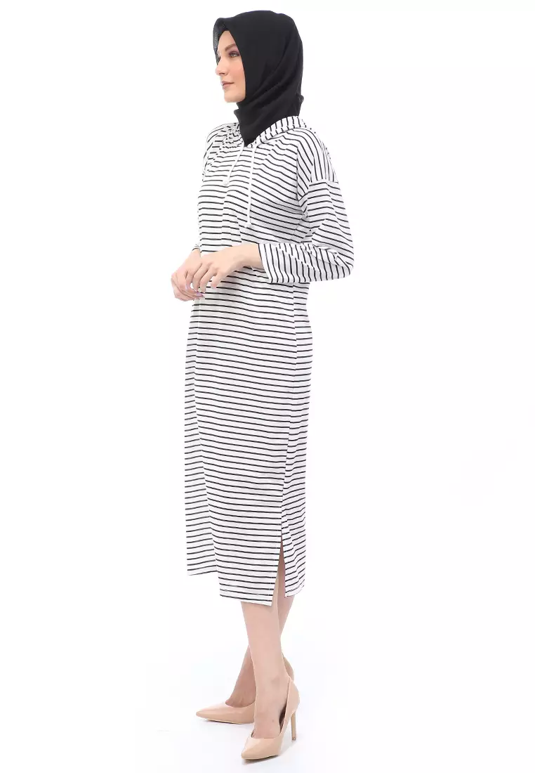Mega Tunik Motif Stripe Atasan Wanita Long Sleeve Regular Fit - Putih K