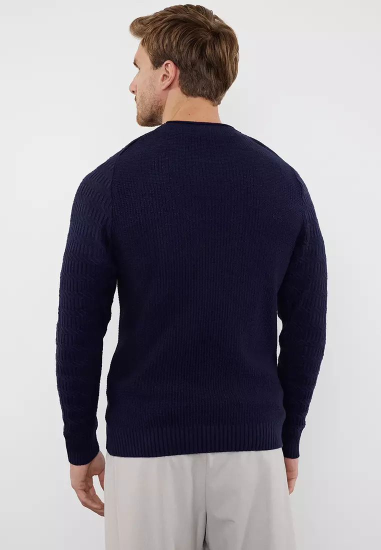 Navy Blue Slim Fit Crew Neck Textured Knitwear Sweater TMNAW22KZ0380