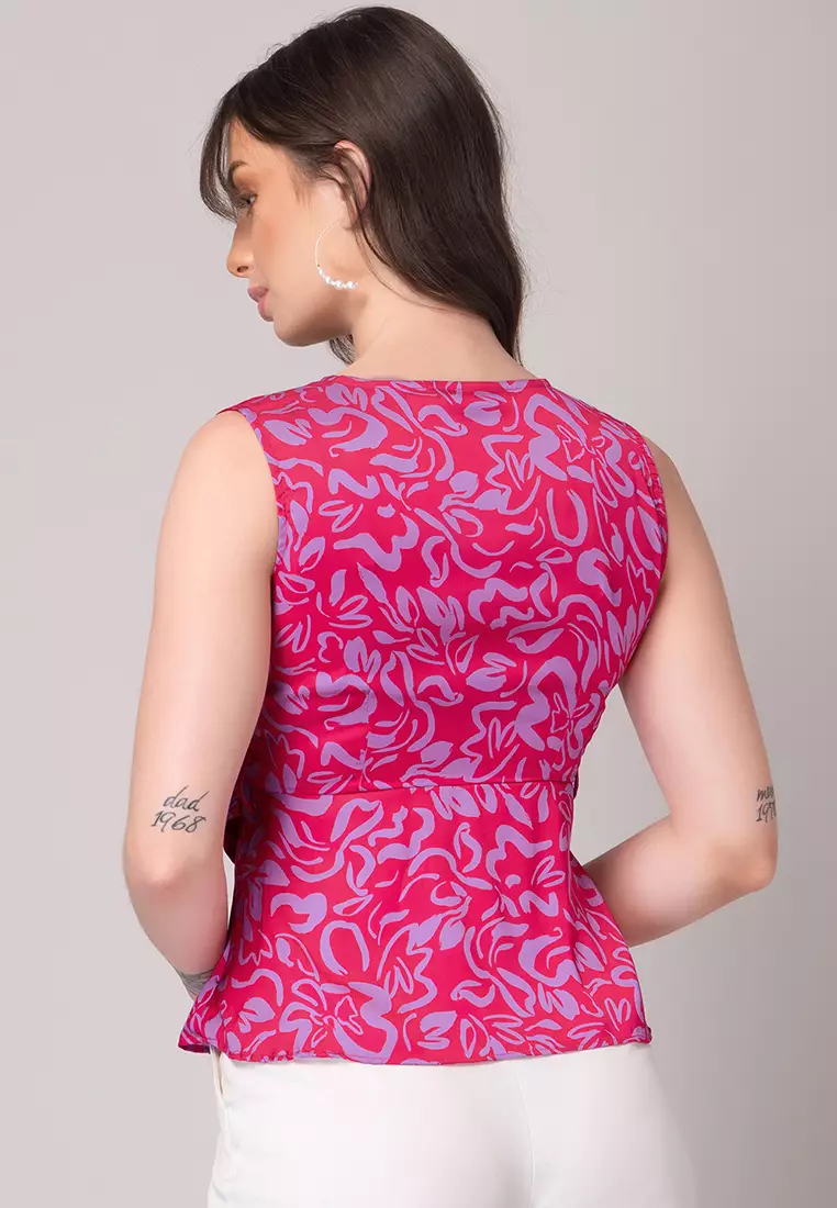 Pink Abstract Print Wrap Peplum Top