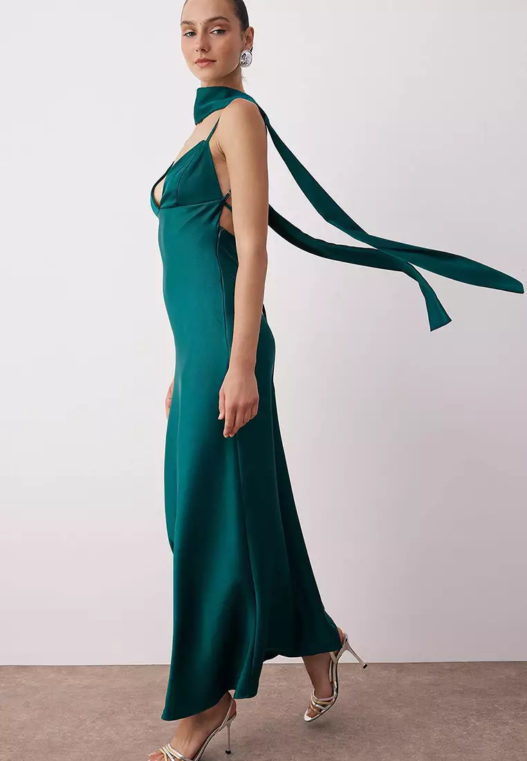 Shawl Detailed Satin Maxi Evening Dress