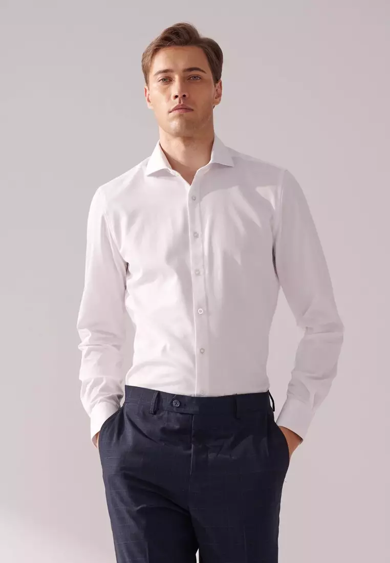 White Textured Slim Fit Shirt