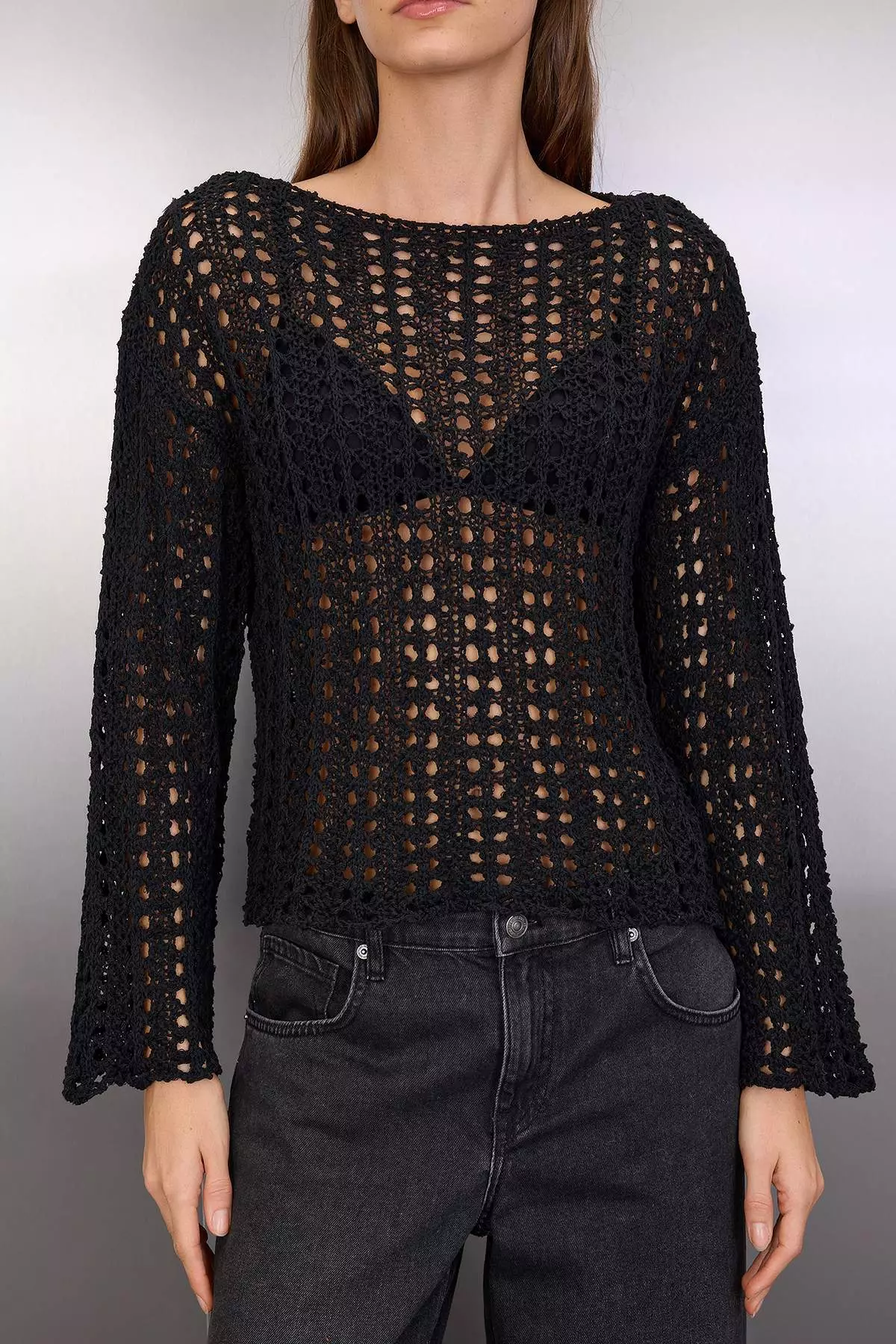 Buy Trendyol Black Special Yarn Openwork/Hollowed Boat Neck