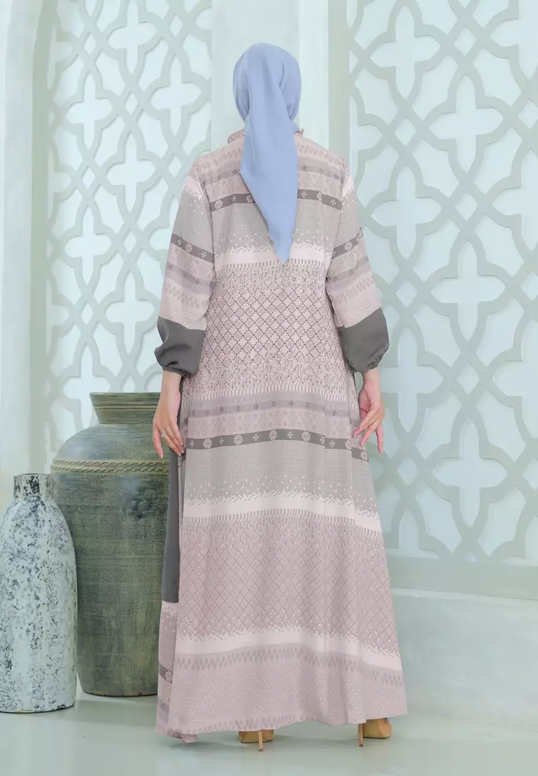 Amavy Maxidress | Gamis Motif Muslimah | Printed Long Dress - Greyish Pink