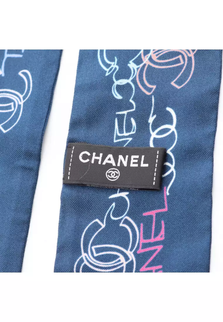 Pre-Loved Chanel coco mark all-over pattern scarf silk Navy multicolor