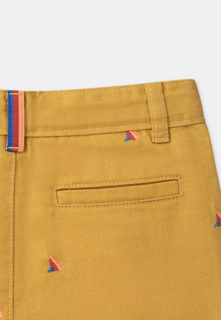 MUSTARD SHORTS WITH MULTICOLOURED SHARK FIN EMBROIDERIES