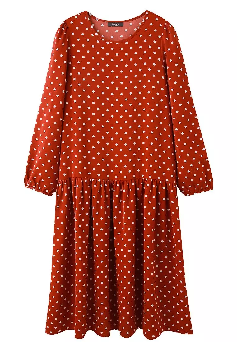 Vintage Polka Dot Low-Waist Flared Long Sleeve Maxi Dress – Mori Style [DA10210]