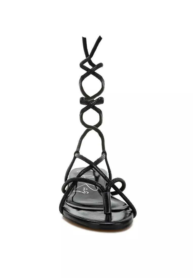 Rhinestone Embellished Lace-Up Sandals in Black