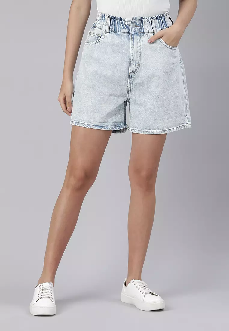 high waisted light wash denim shorts