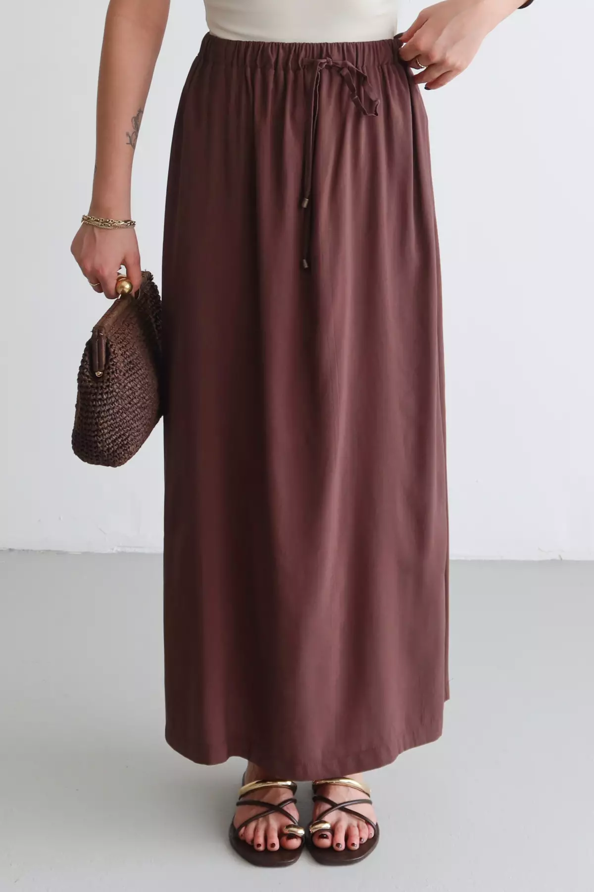 Dark Brown Modal Elastic Waist Long Maxi Skirt Twoss26Et82