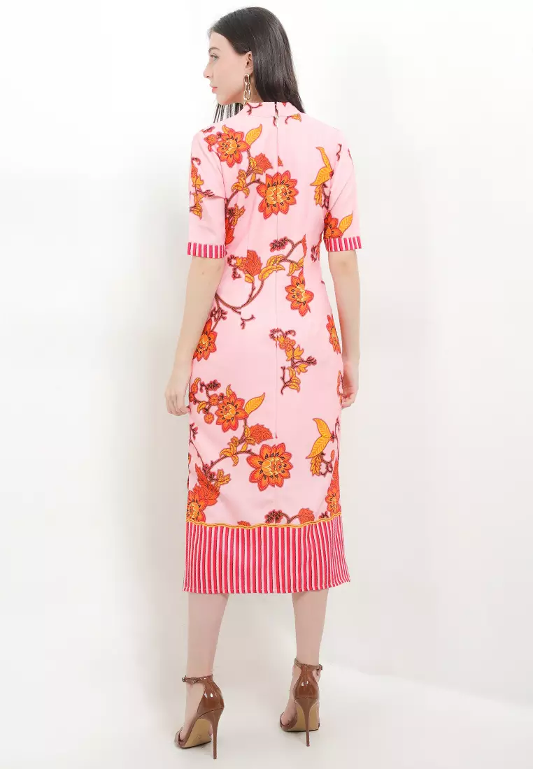 Dress Batik Wanita Furing Kombinasi Lian Pink Merah Red Tanpa Lengan Imlek Cheongsam Bodyfit