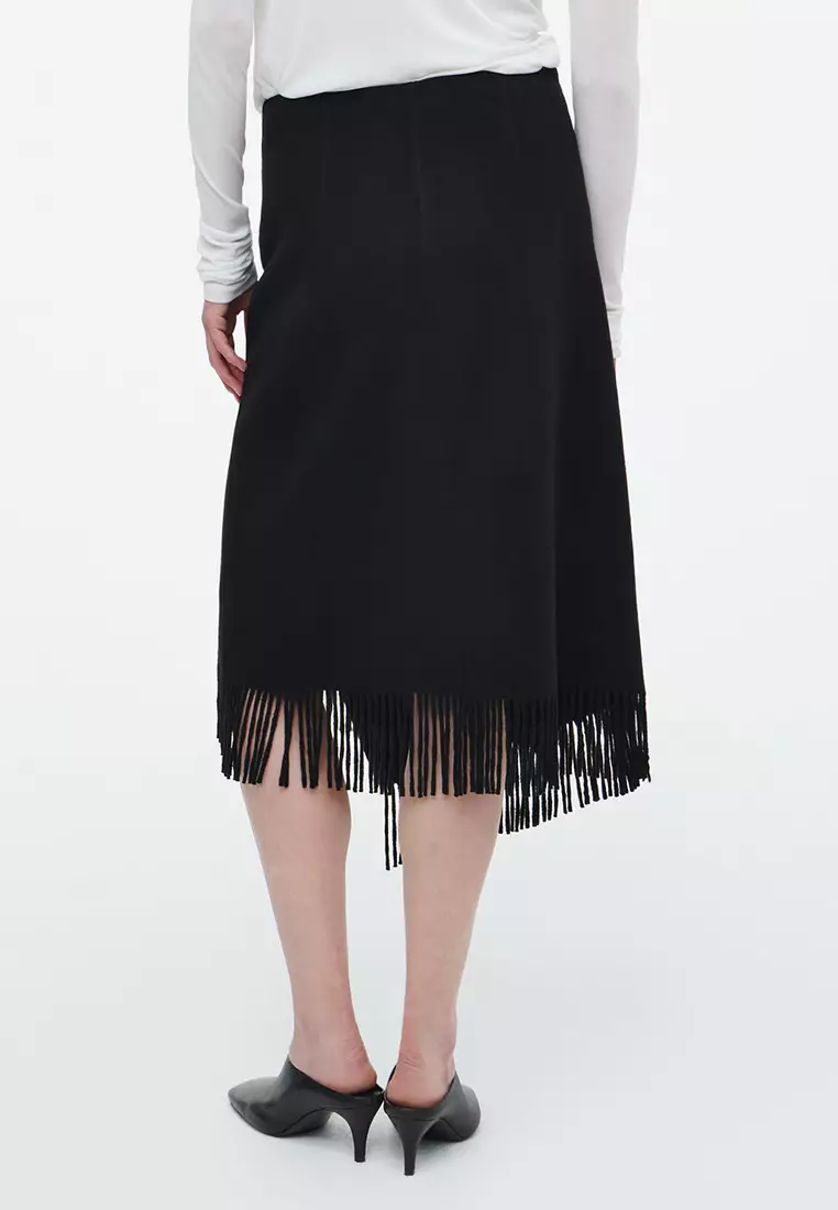 Fringed Wool Midi Wrap Skirt