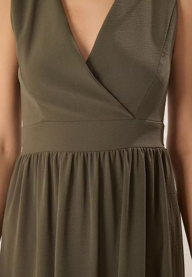 Khaki Plain Skirt Waist Opening Double Breasted Midi Woven Dress TWOSS25EL00201