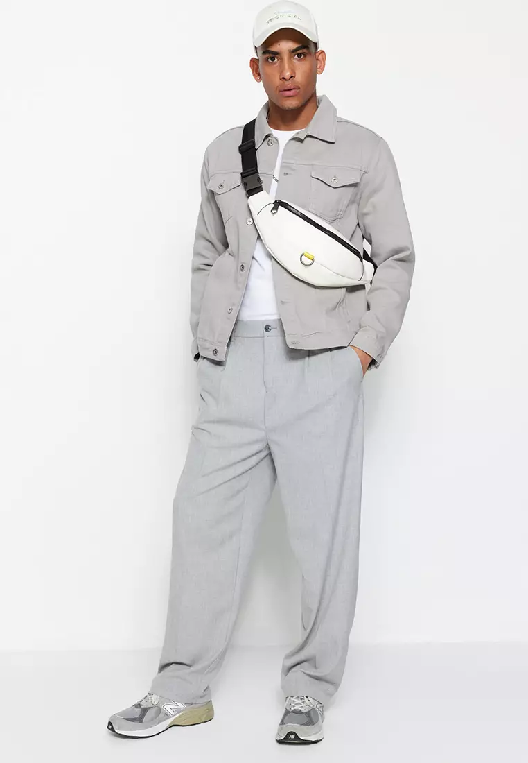 Men's Gray Palazzo Elastic Waist Pleated Pants