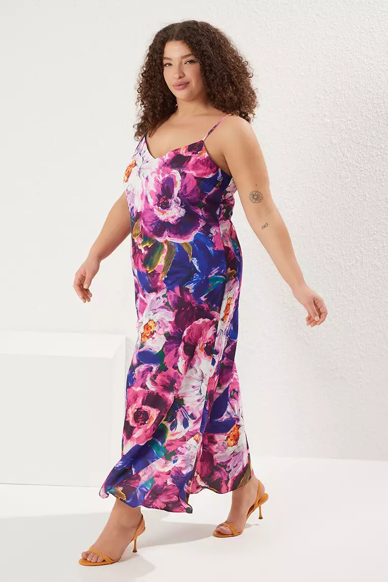 Multi-Colored Floral Adjustable Satin Maxi Woven with Straps Plus Size Dress