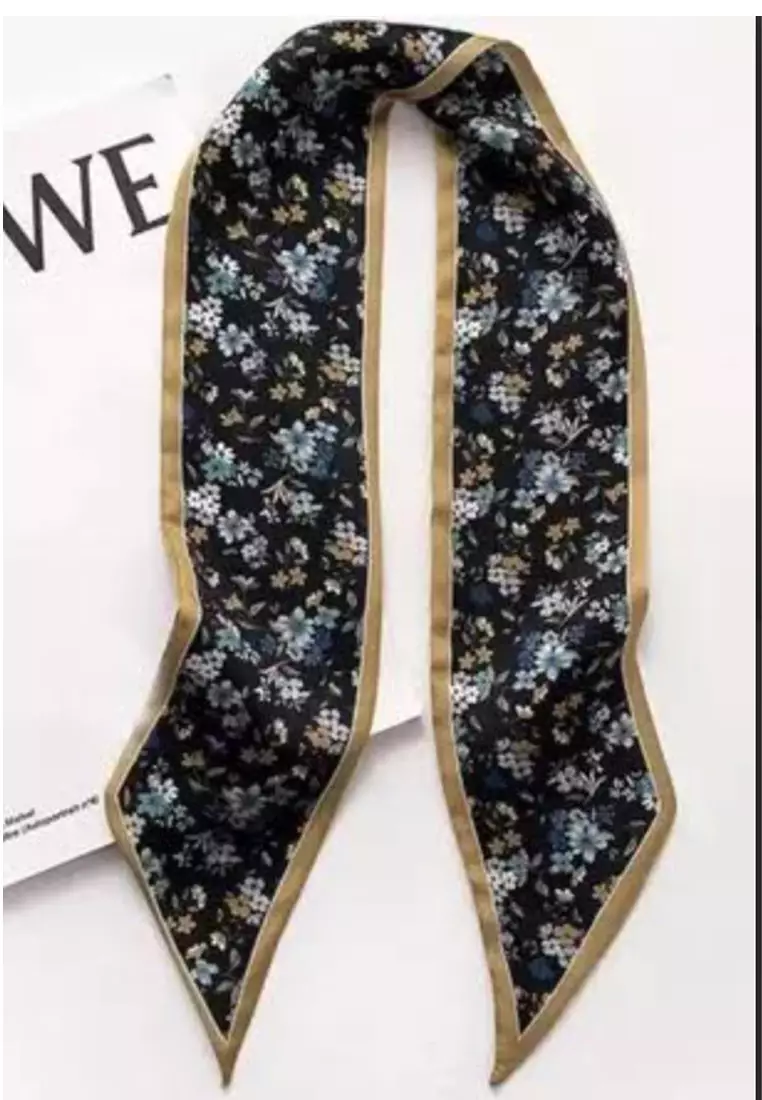 Aksesoris Wanita Flora Leaves Twilly Skinny Multi purpose Scarf Wanita Black & Gold