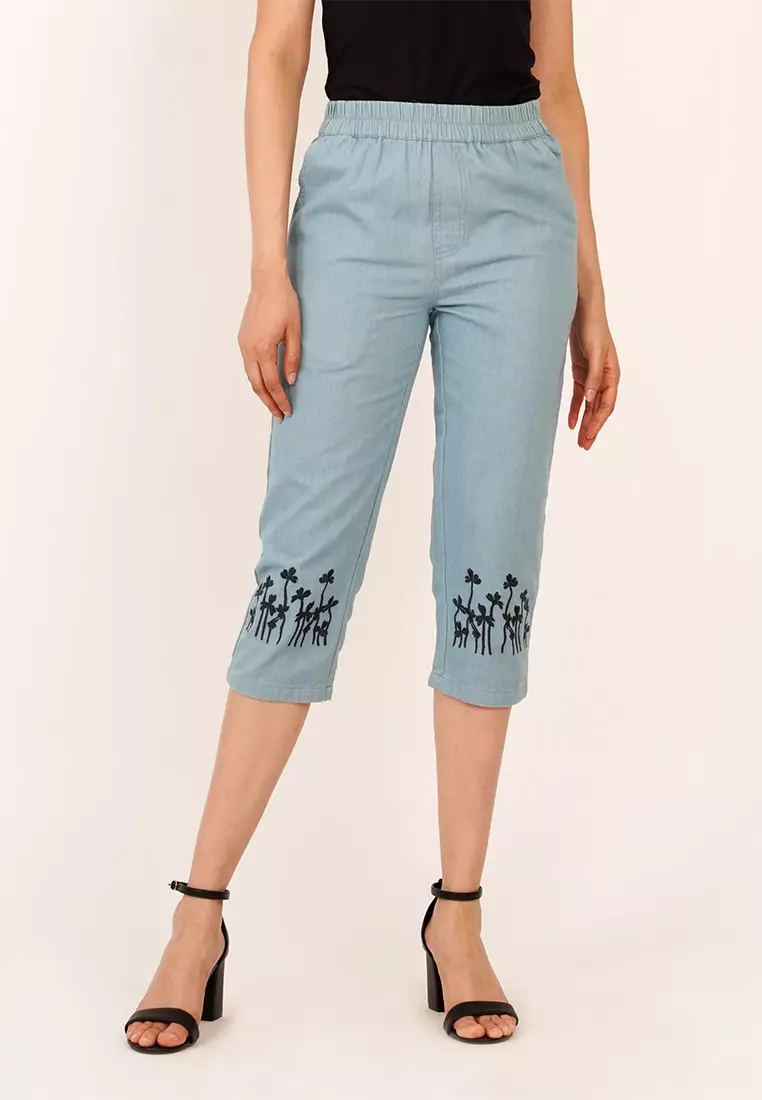 Buy NE Double S Ne Double S Comfy Elastic Waist Side with Pocket Hem with  Embroidery Detail Capri Pants Online