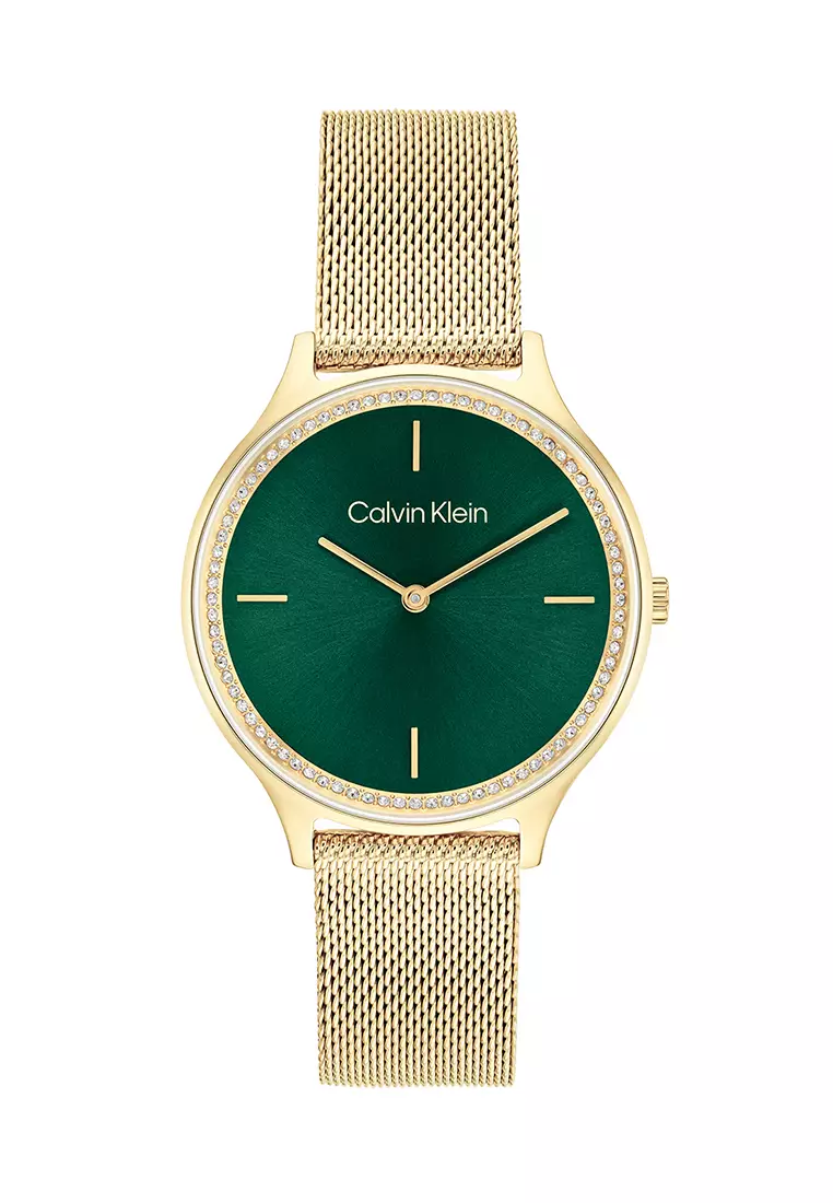 Women's Ionic Thin Gold Plated Steel Mesh Bracelet And Dark Green Dial Quartz Watch - CK25100005