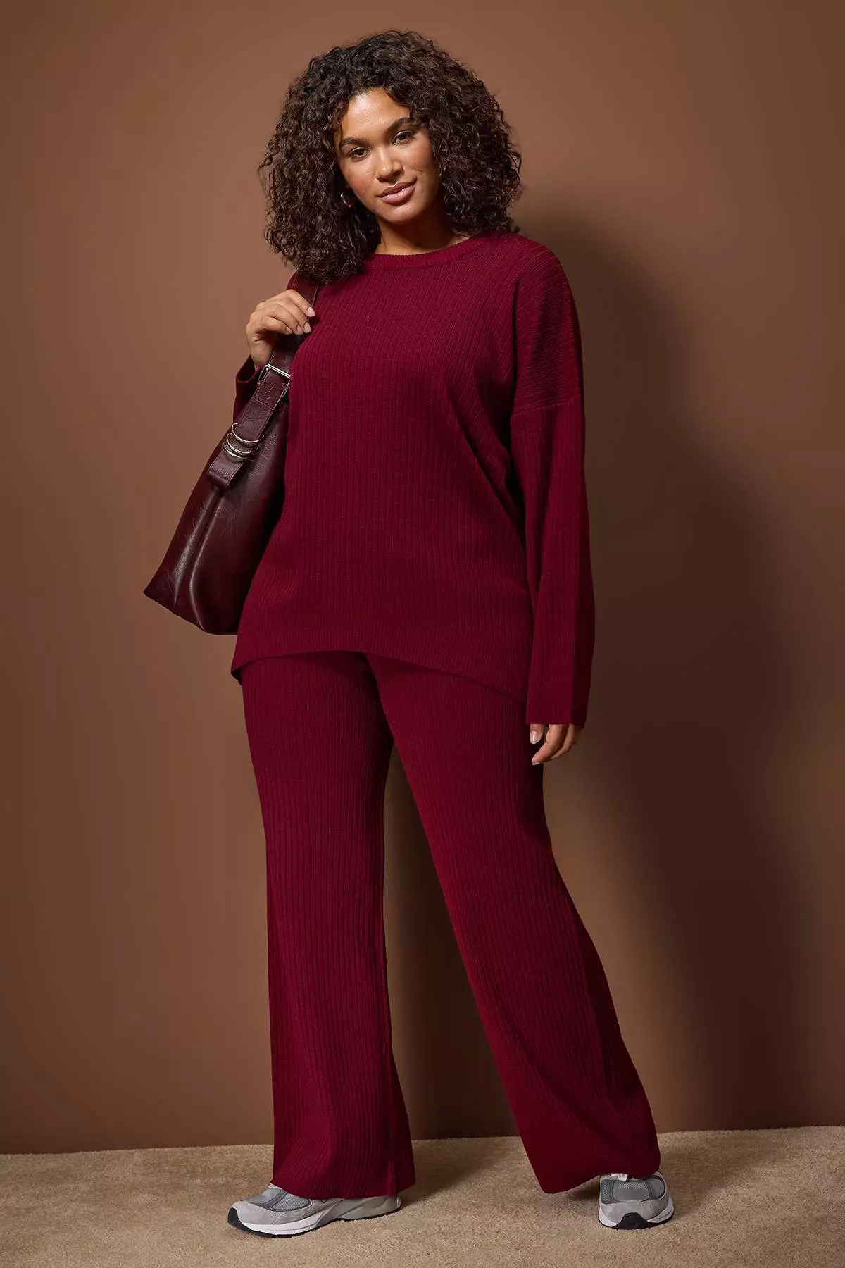 Burgundy Ribbed Crew Neck Knitwear Sweater Pants Set Tbbaw23Cp00044