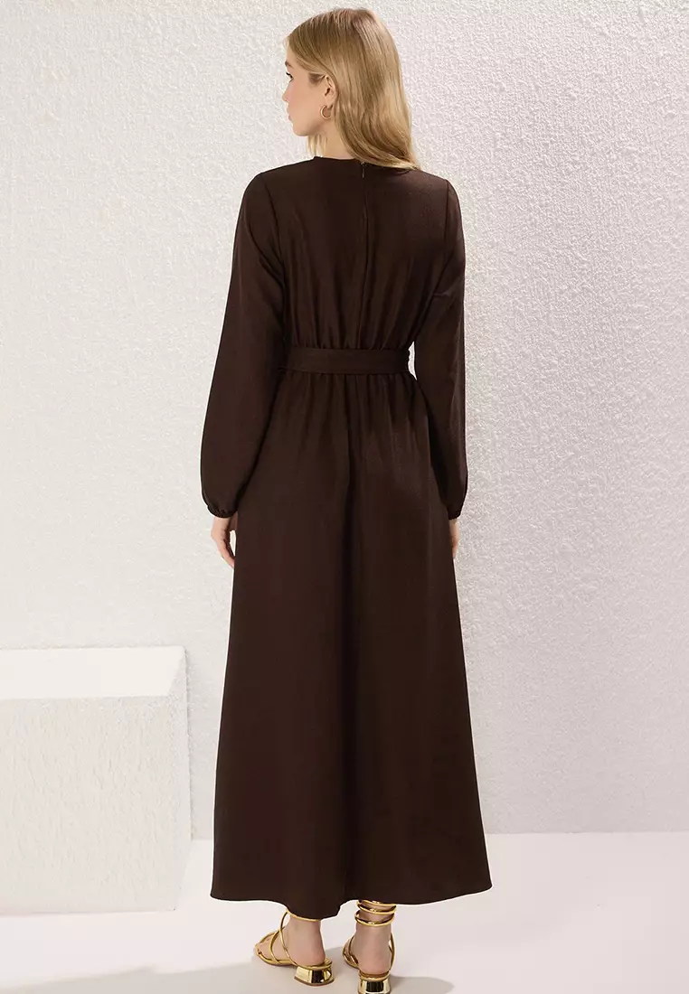 Brown Belted Woven Dress Tctss25Eb00096