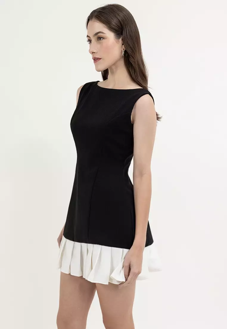 Gabbi Boat-neck Pleated-hem Mini Dress