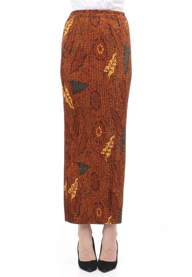 Rok Plisket Motif Batik Bawahan Wanita Design Casual - Daun